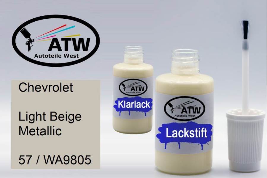 Chevrolet, Light Beige Metallic, 57 / WA9805: 20ml Lackstift + 20ml Klarlack - Set, von ATW Autoteile West.